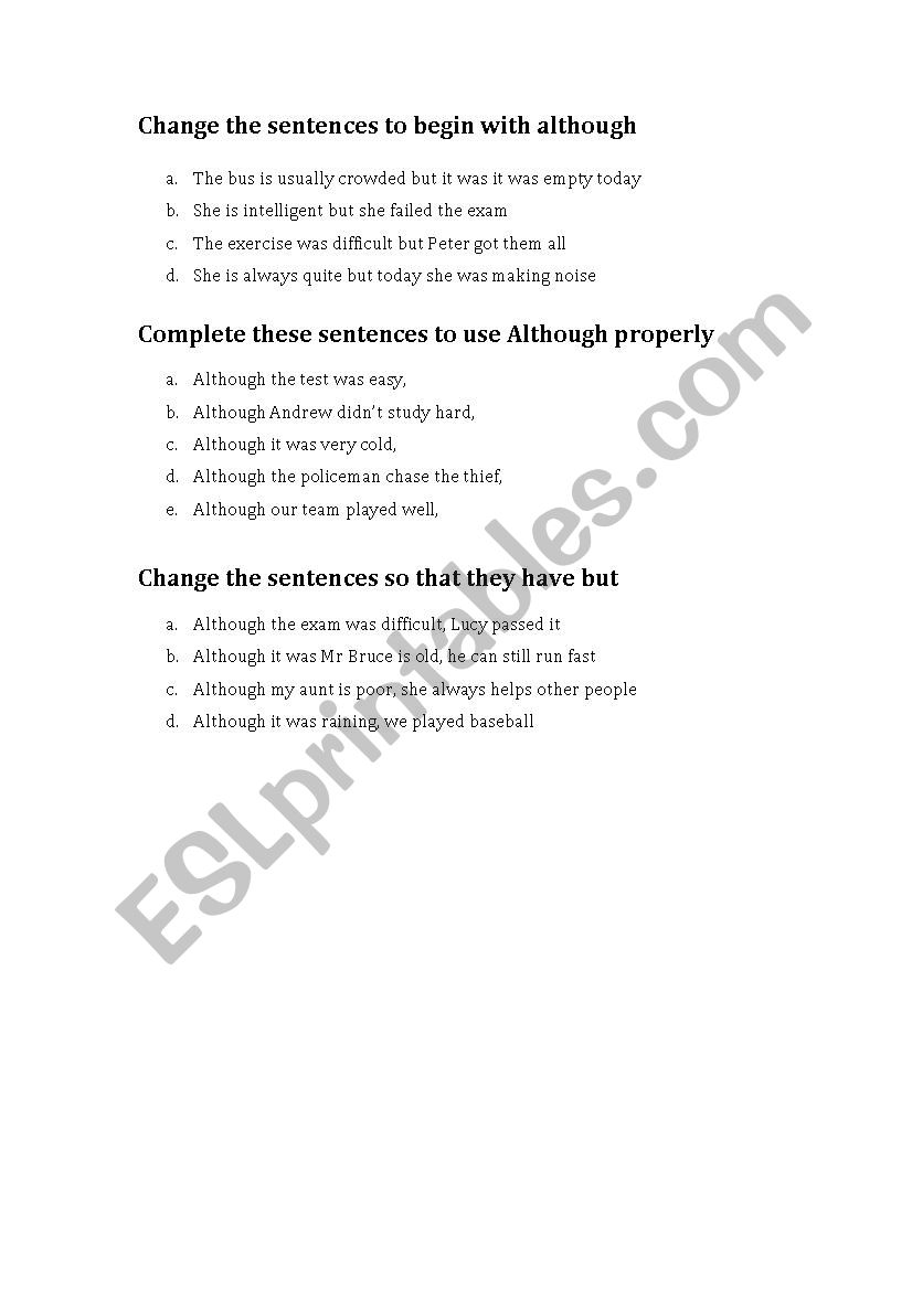 the use of Although and But worksheet