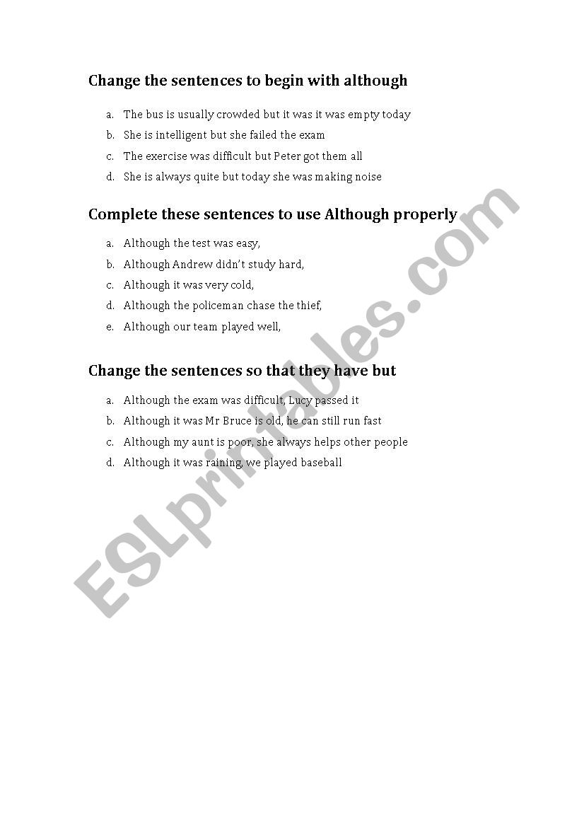 the use of Although and But worksheet the use of Although and But worksheet