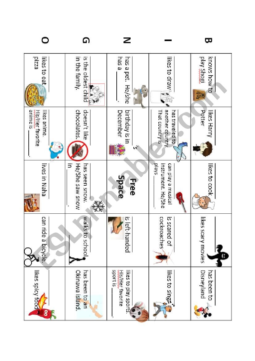 Getting to know your classmates - Bingo Worksheet (5X5)