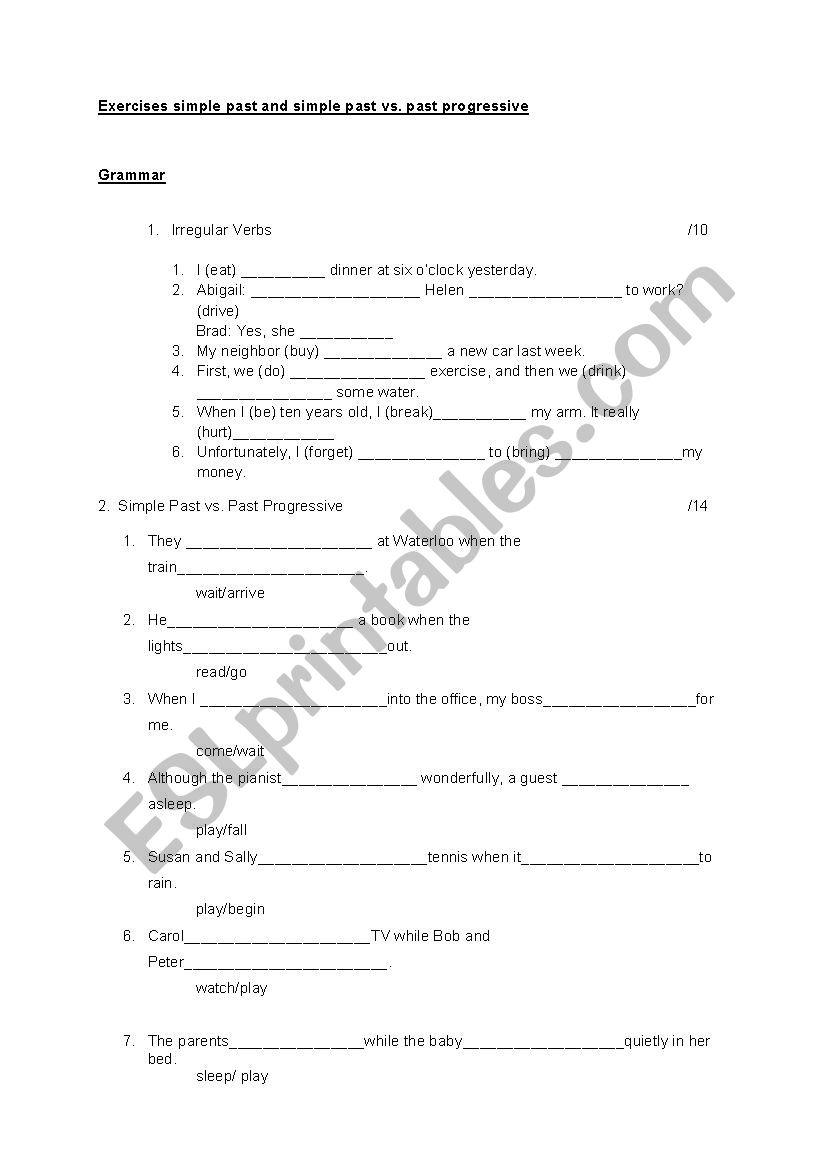 Exercises simple past and simple past vs. past progressive