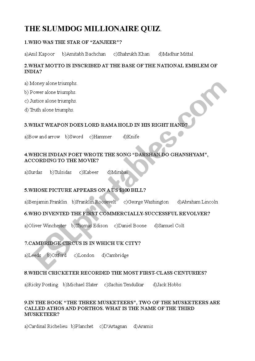 Slumdog Millionaire Quiz worksheet