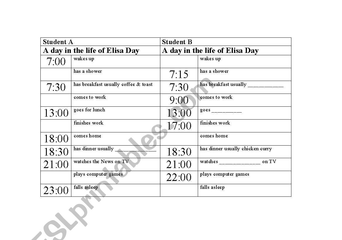 Present Simple Pairwork worksheet