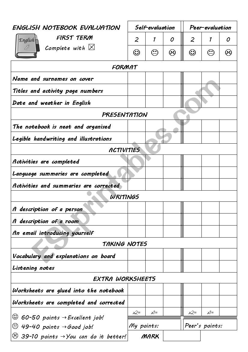 Student notebook self-assessment