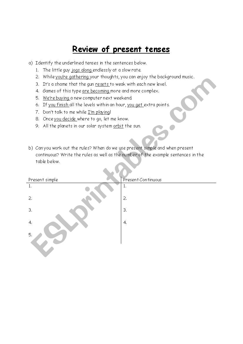 Review of present tenses worksheet