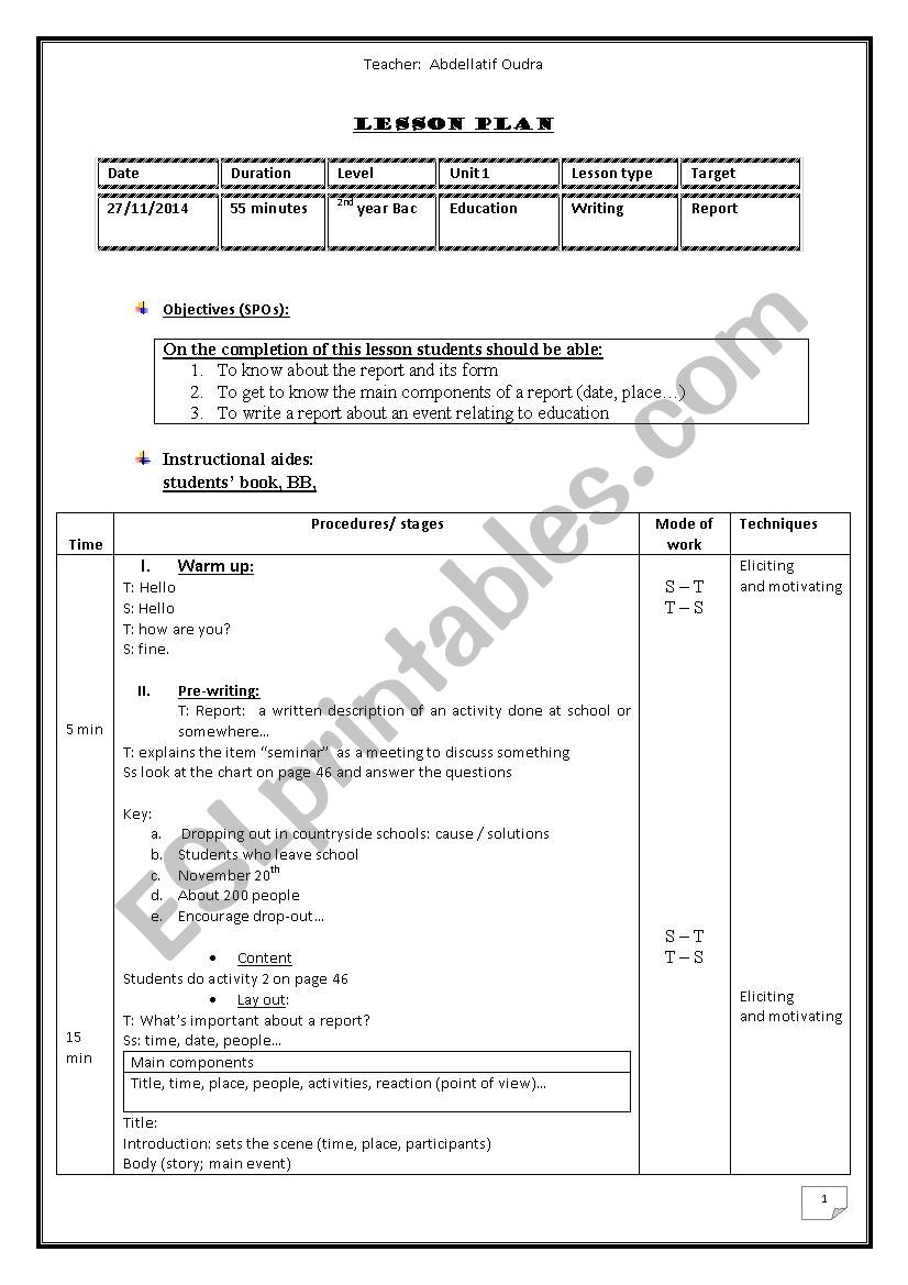 report writing worksheet