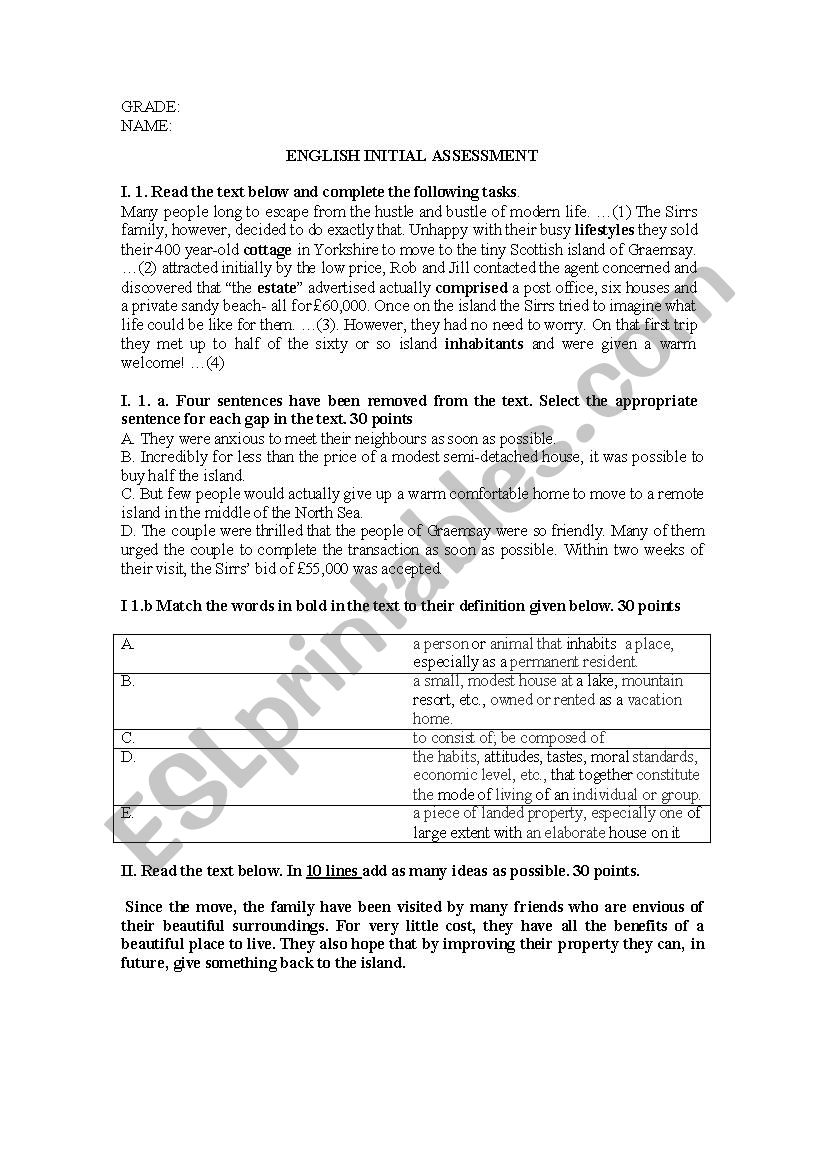 Reading comprehension worksheet