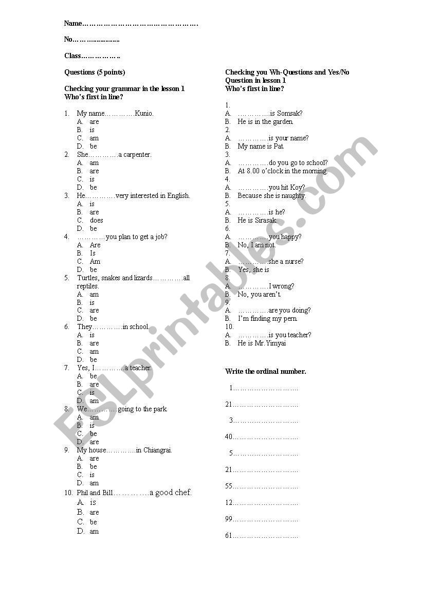V to be+Wh question+short answer question and ordinal number