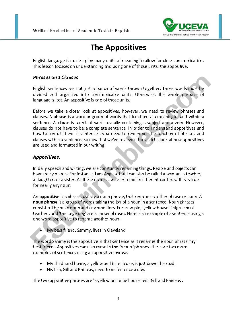 The Appositives worksheet