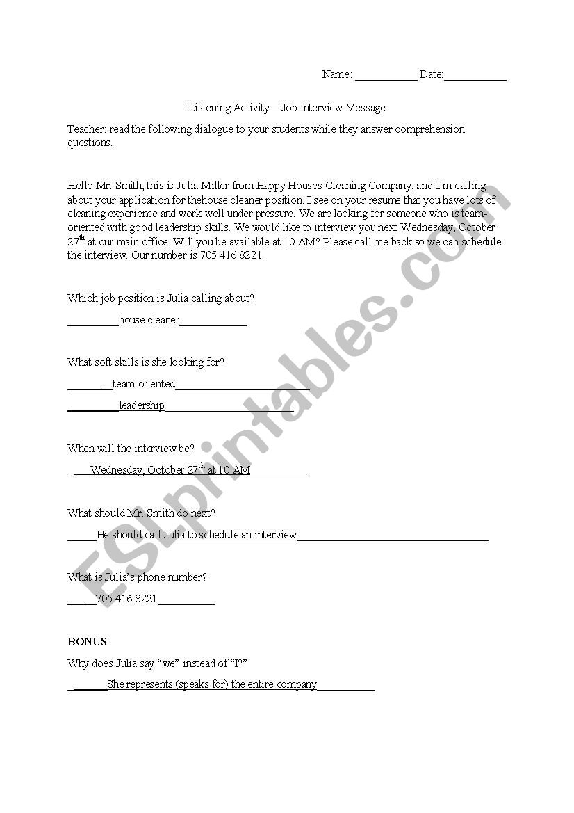 Job Offer Listening Activity worksheet