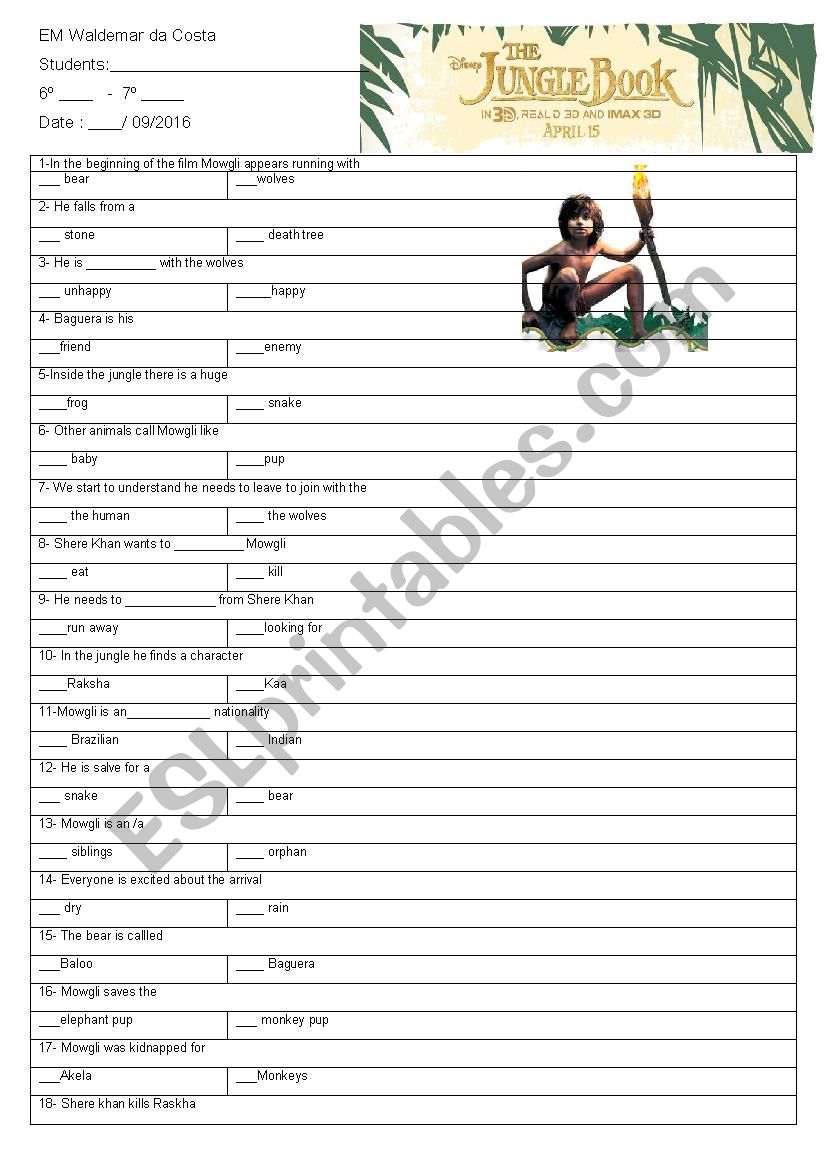 Mowgli activities worksheet