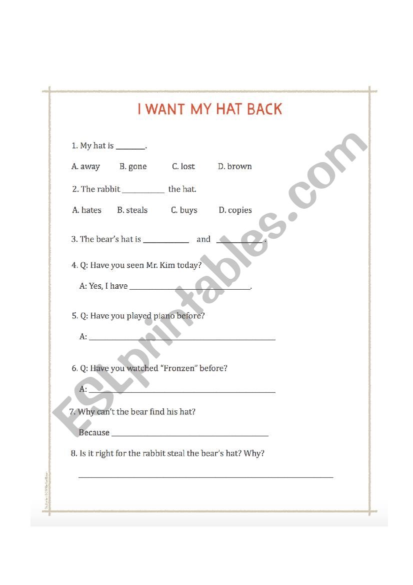 I want my hat back comprehension worksheet