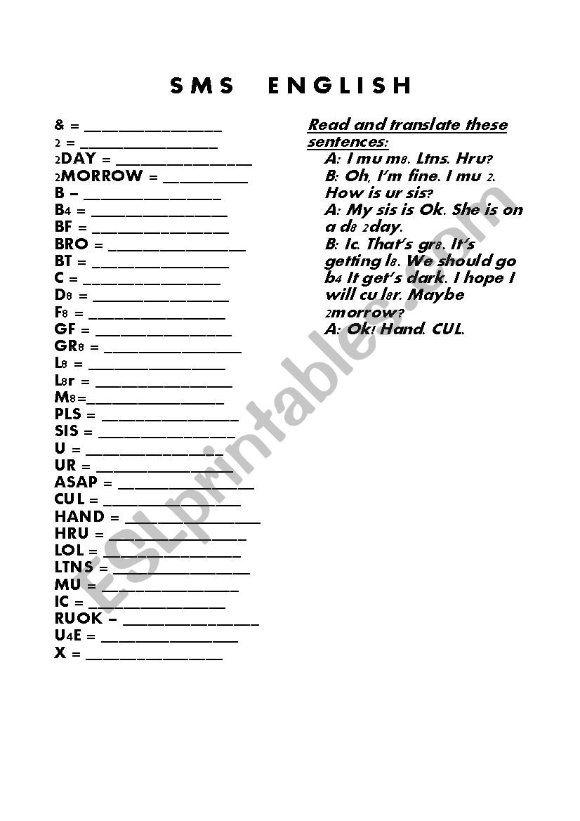 SMS lines worksheet