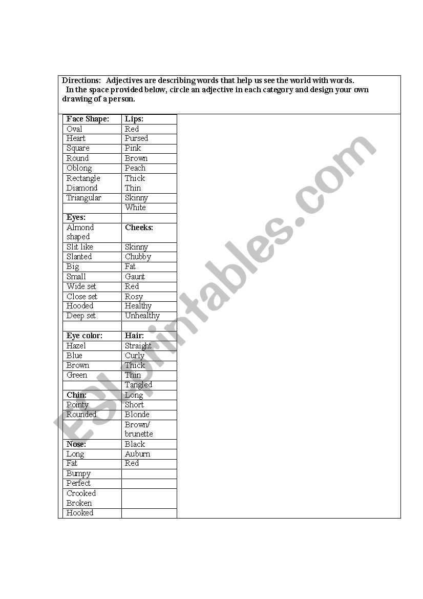 Face And Adjective Worksheets