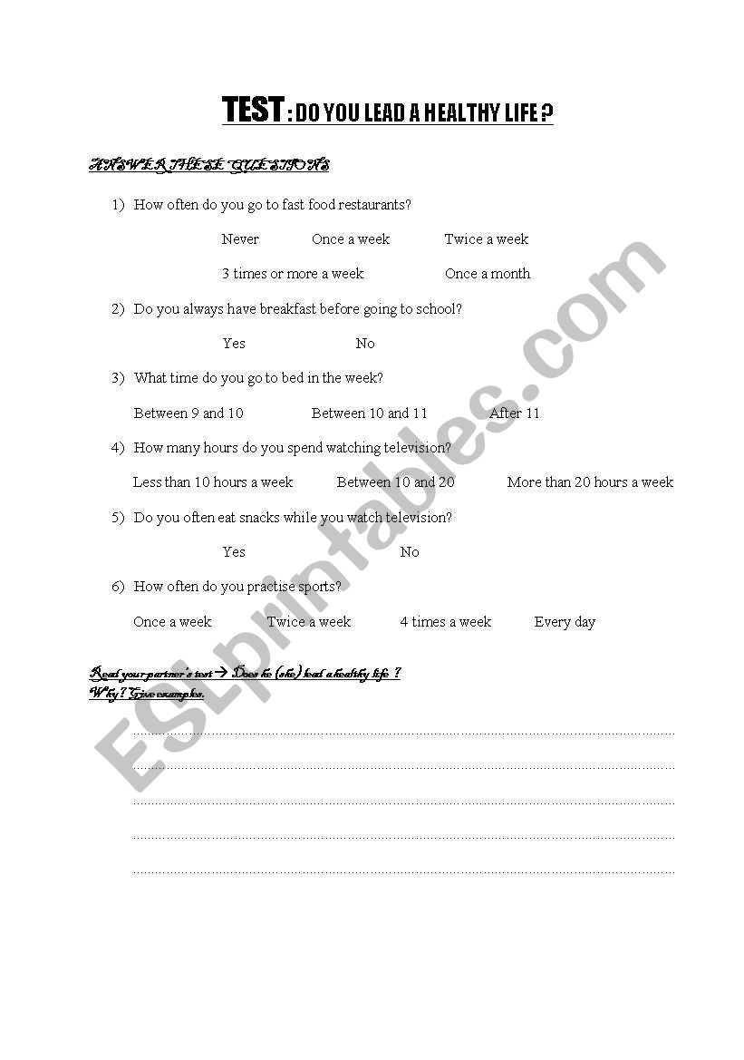 DO YOU LEAD A HEALTHY LIFE ? worksheet