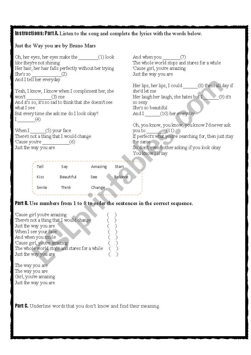 Just the way you are Song (Present tense and vocabulary)