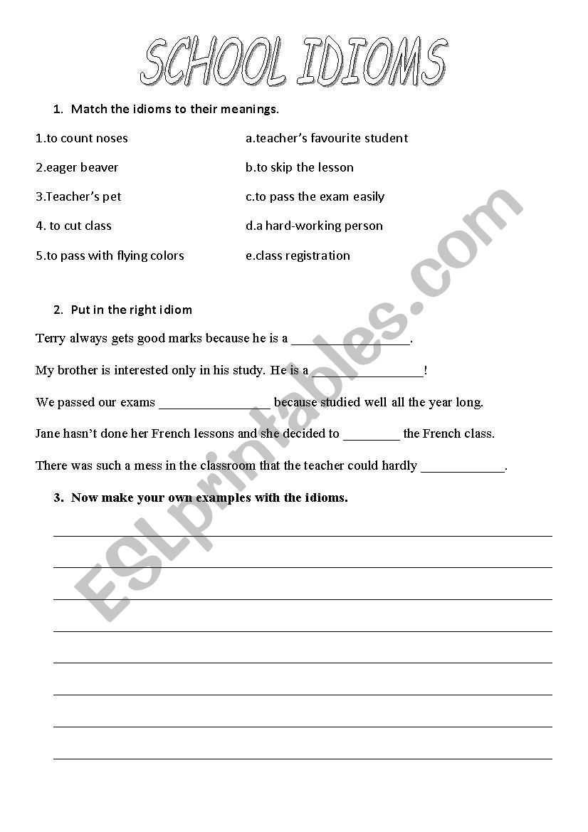 School idioms worksheet