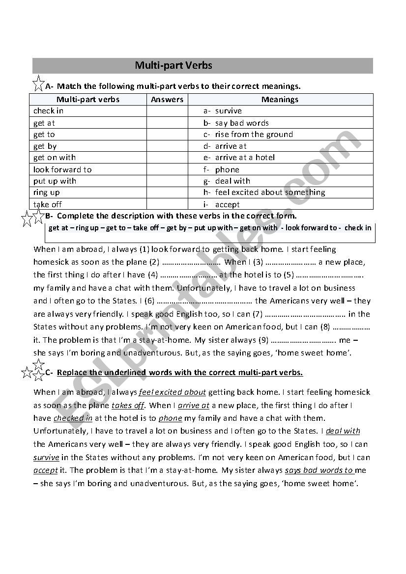 Multi-part verbs worksheet