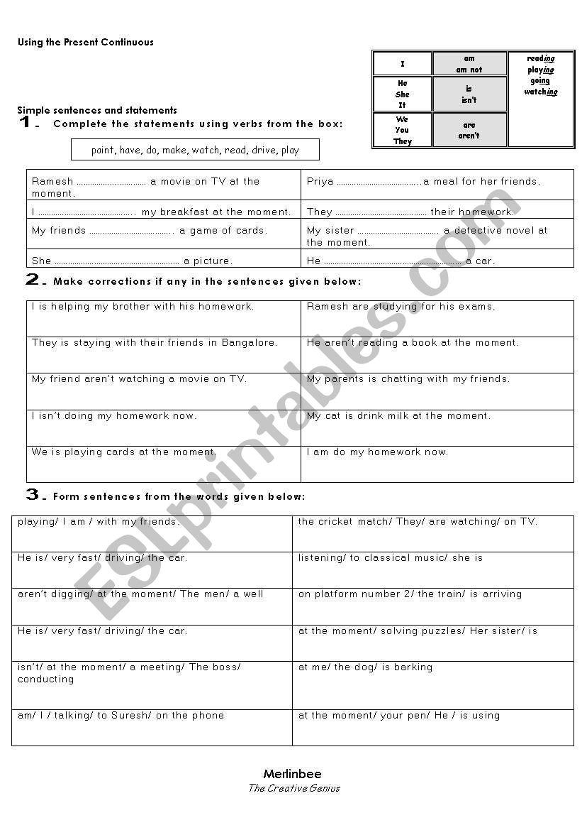 Present Continuous Statements worksheet