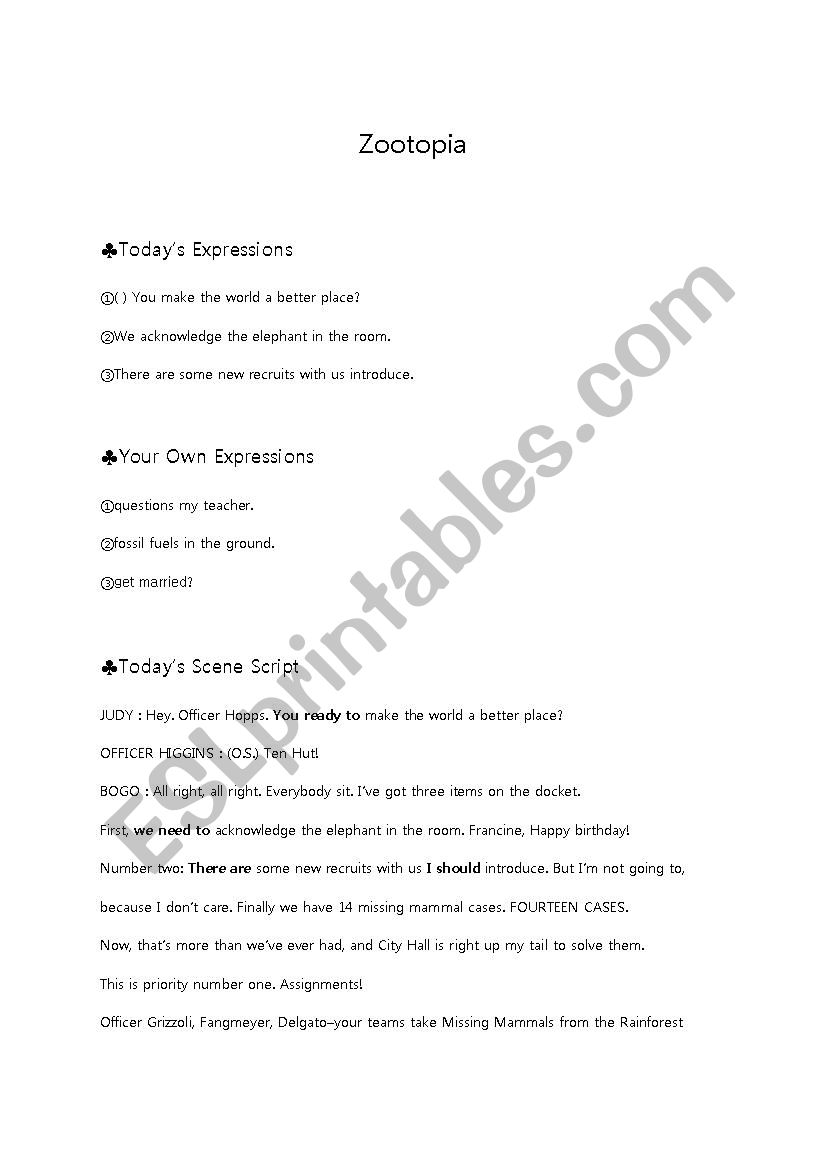 zootopia - parking duty worksheet