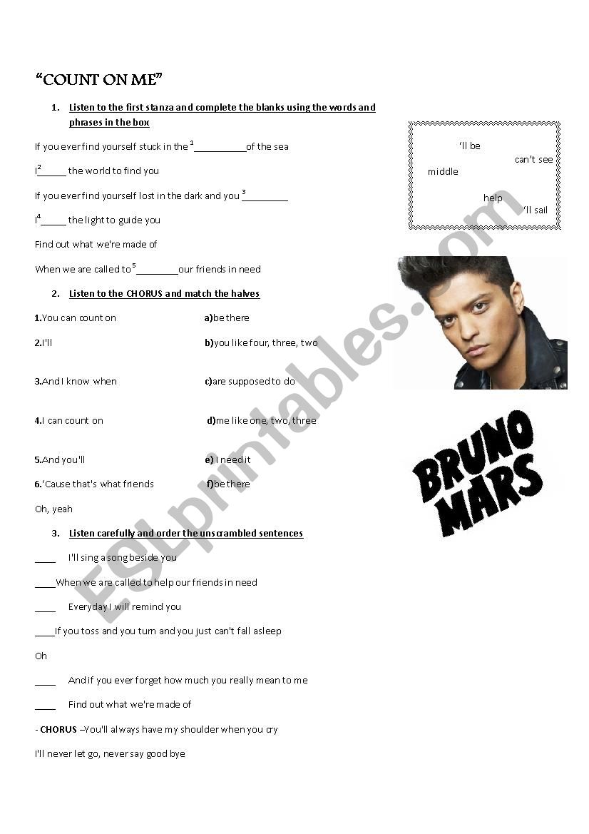 Count on me by Bruno Mars worksheet