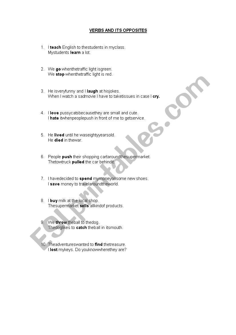 verbs and its opposite worksheet