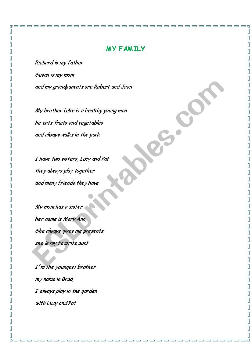 Family and possessive (poem) worksheet