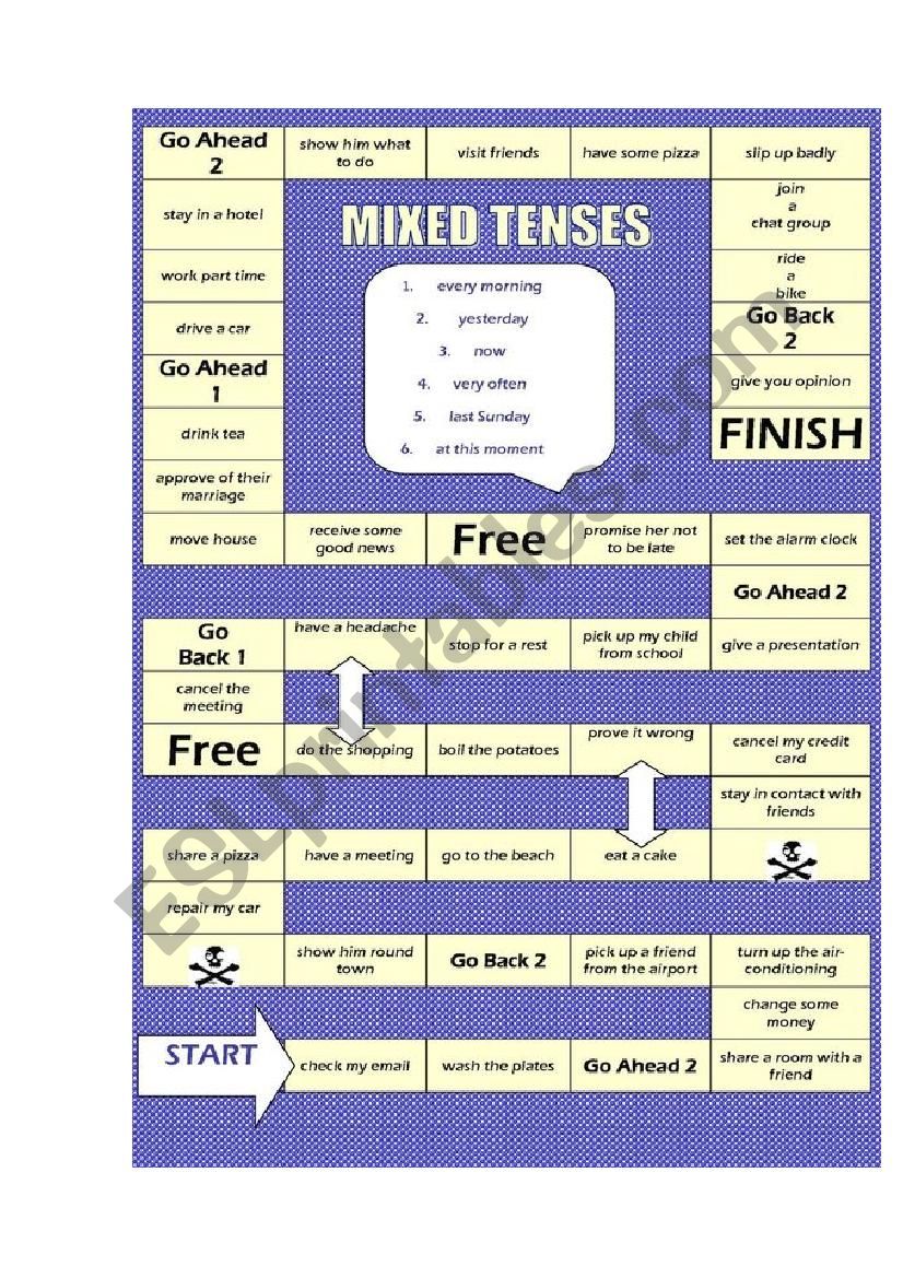 Mixed grammar tenses game worksheet