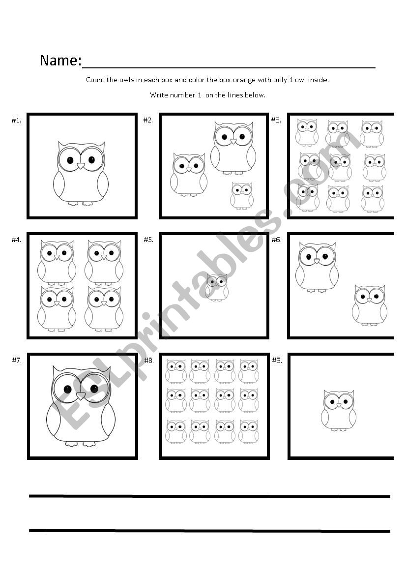 number 1 with owls worksheet