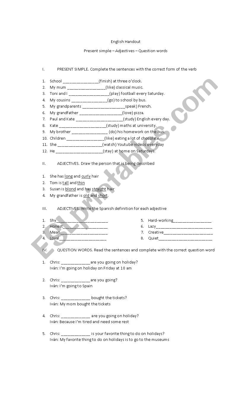 Present simple  Adjectives  Question words