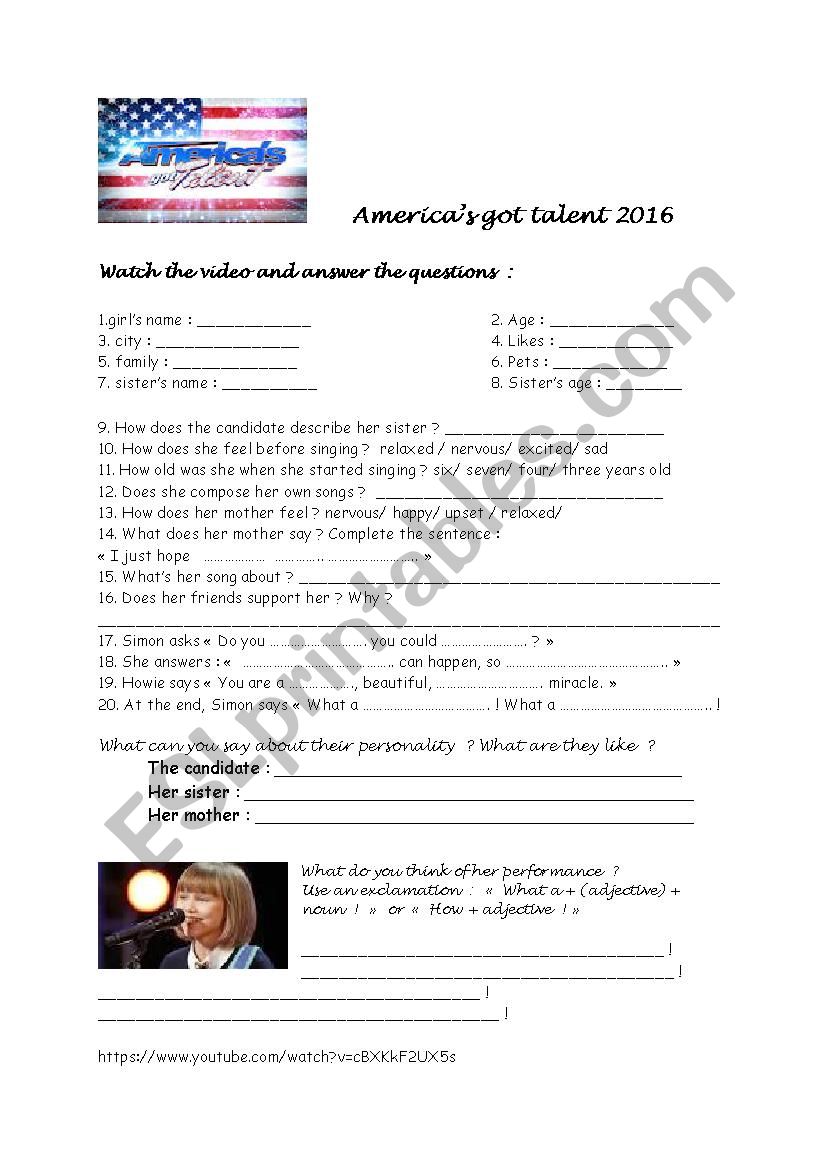 Americas got talent/ Grace  worksheet