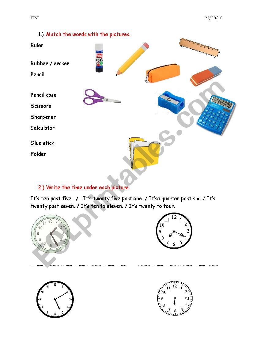 Test - school objects, time, daily routine and greetings