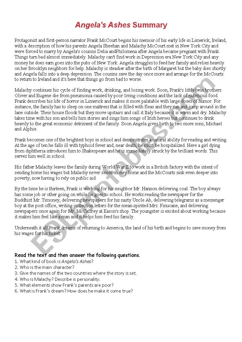 AngelaÂ´s Ashes worksheet