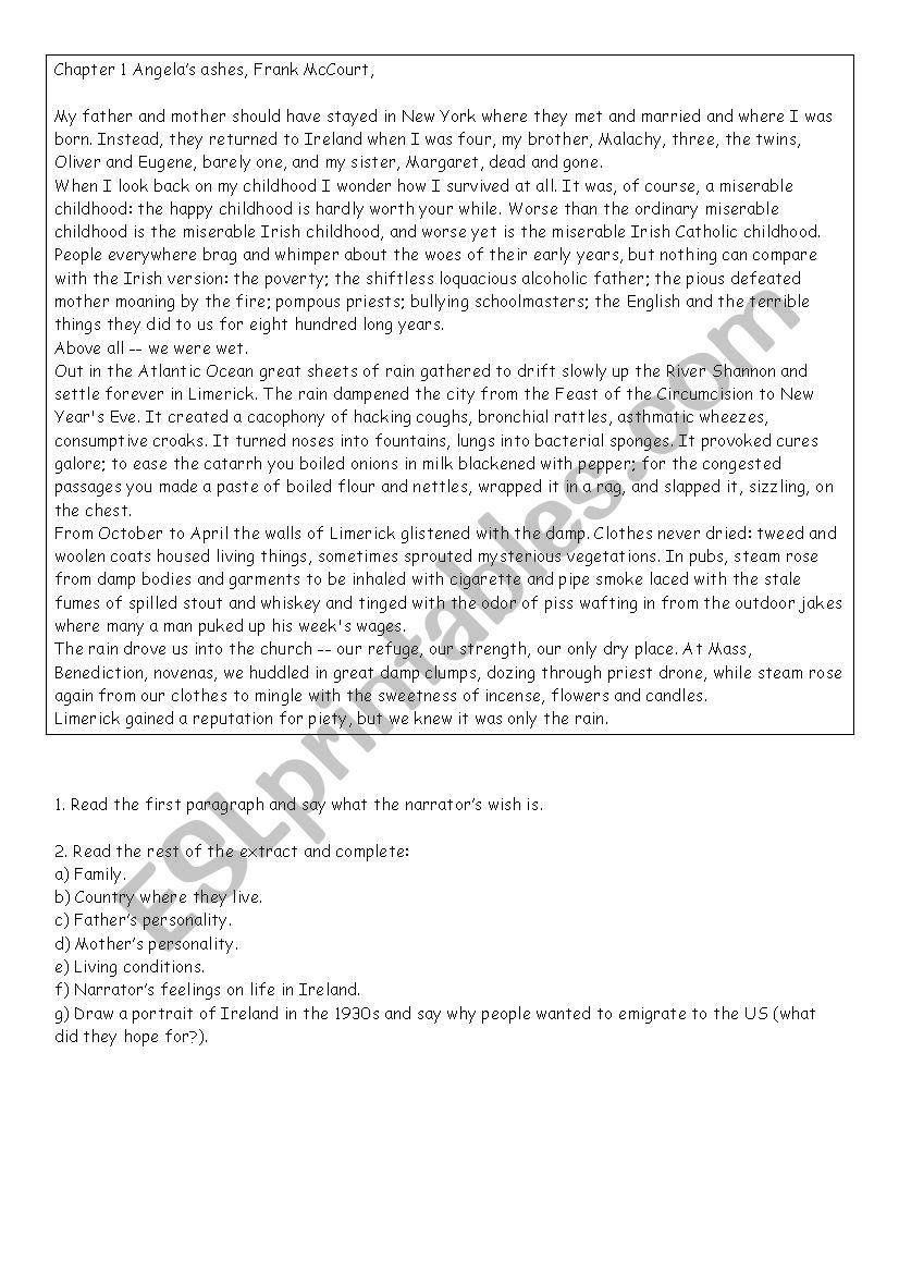Reading comprehension Chapter 1 AngelaÂ´s Ashes