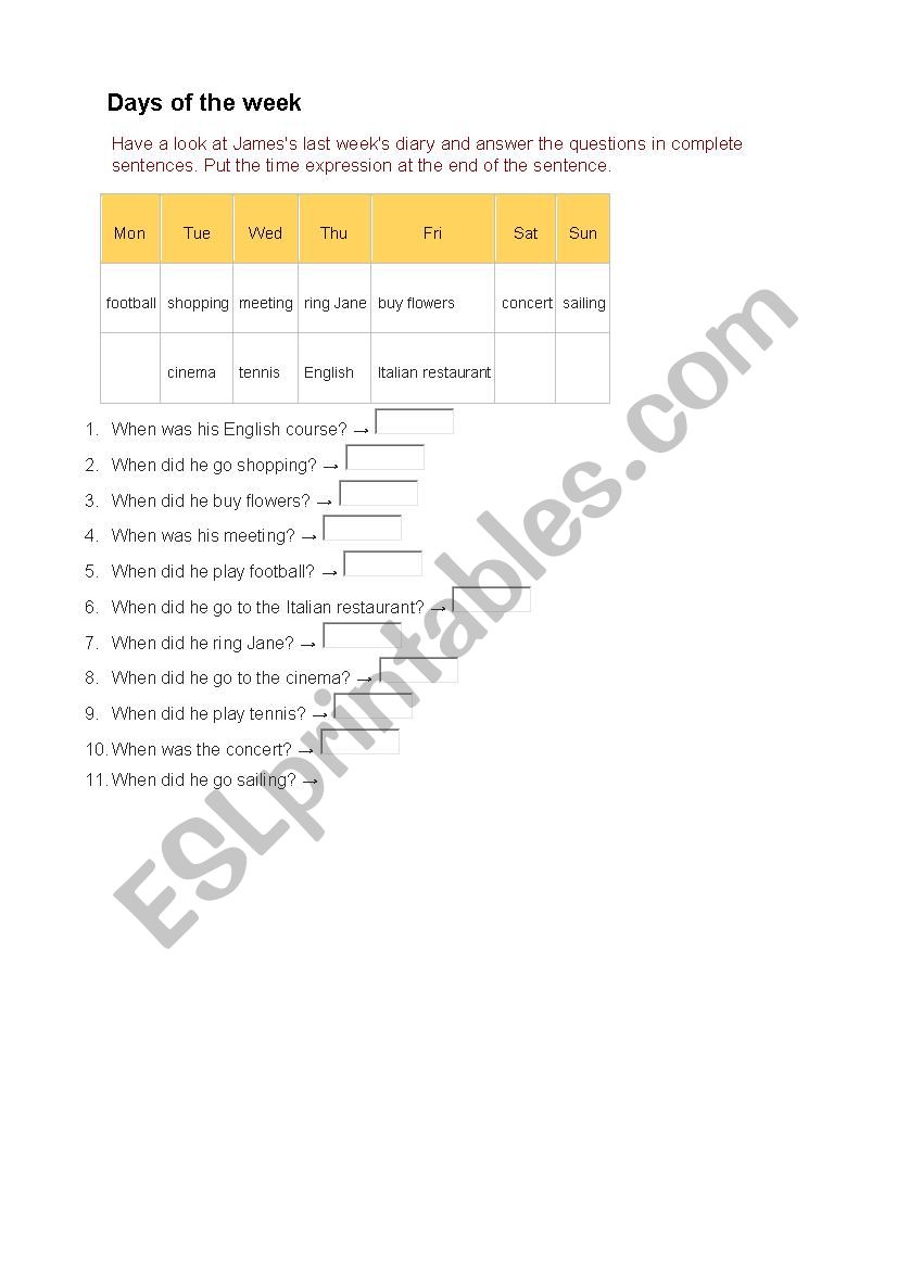 Days of the week worksheet