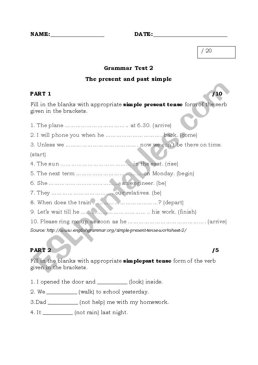Grammar Test Present and Past Simple