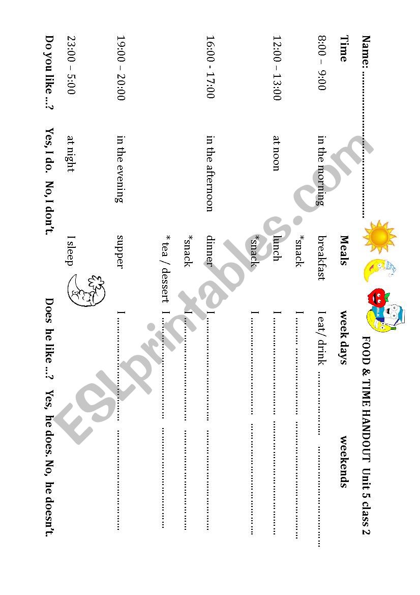 Meals times food worksheet