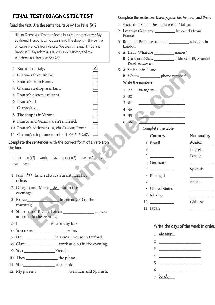 TEST FOR BEGINNER CLASS worksheet