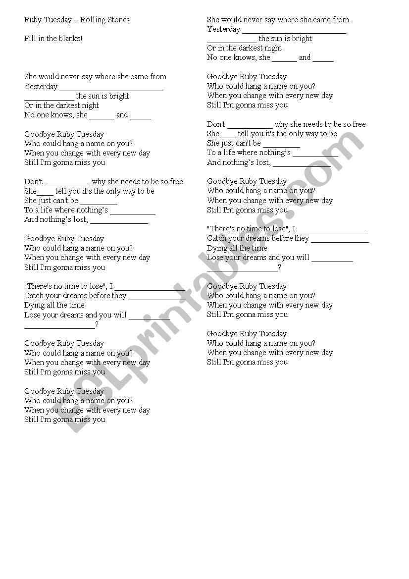 Ruby Tuesday - Gap fill worksheet