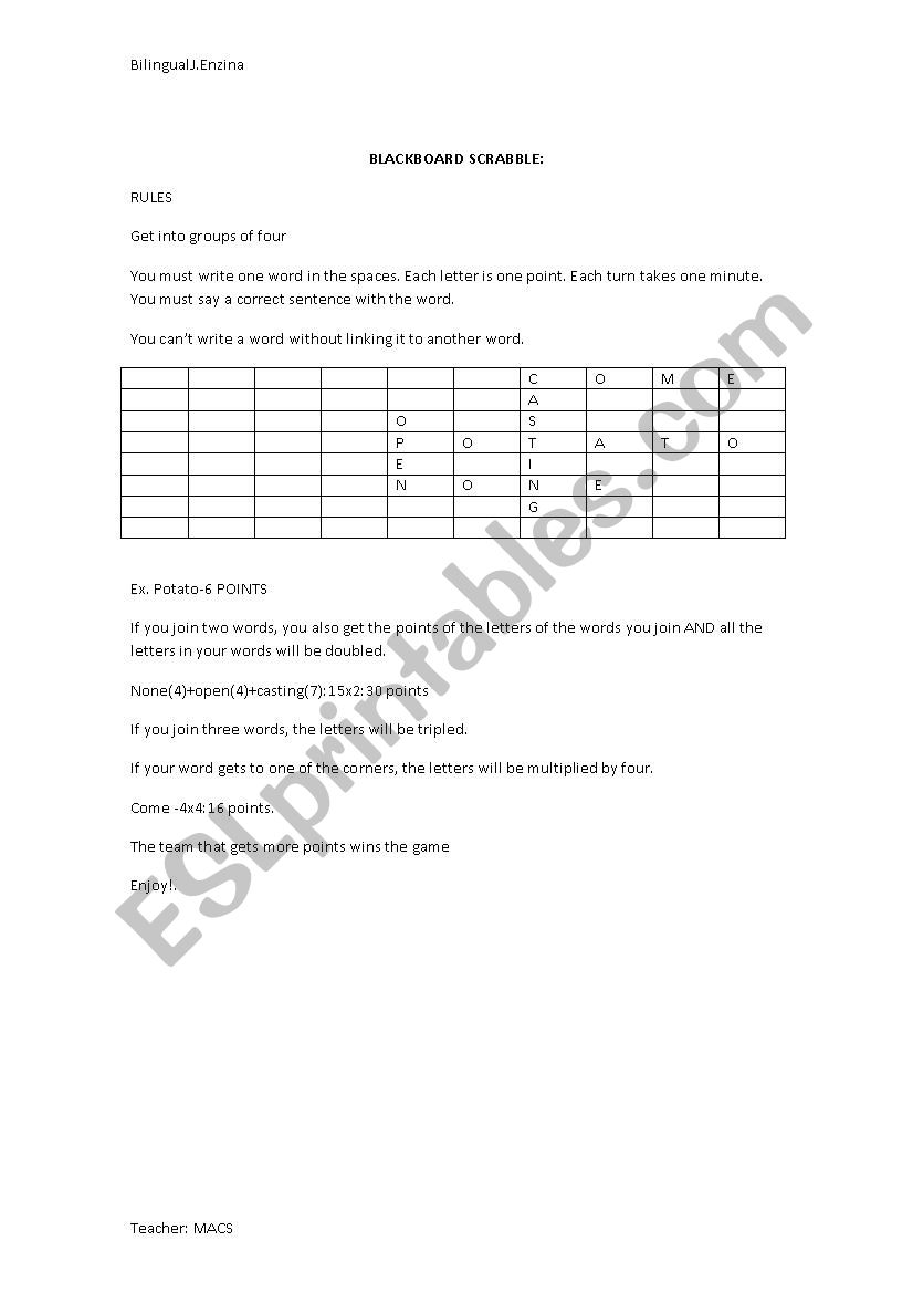 Blackboard Scrabble worksheet