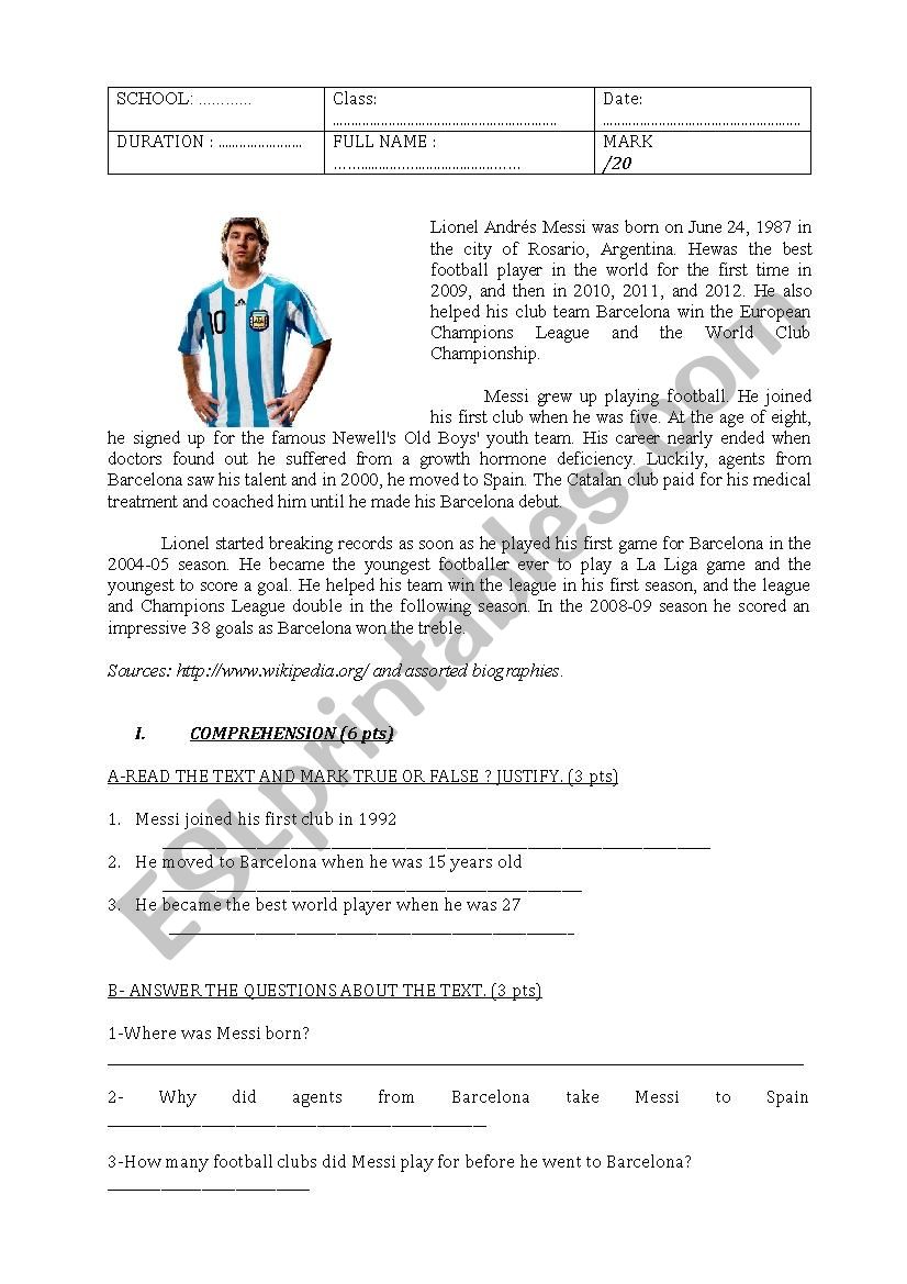 Test: Lionel Messi worksheet