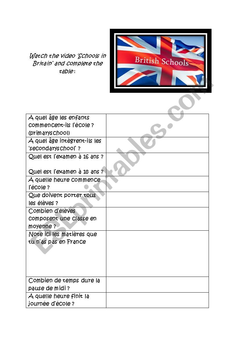 school in Great Britain worksheet