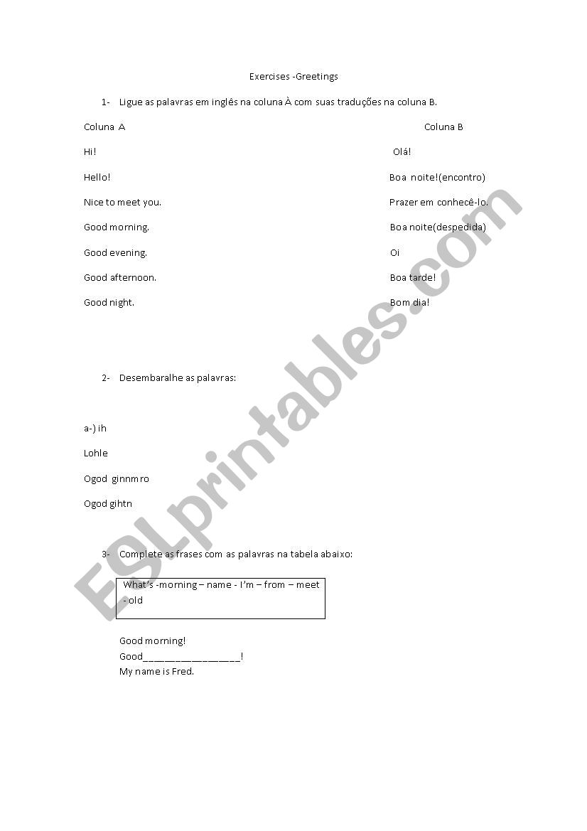 Exercises for Greetings worksheet