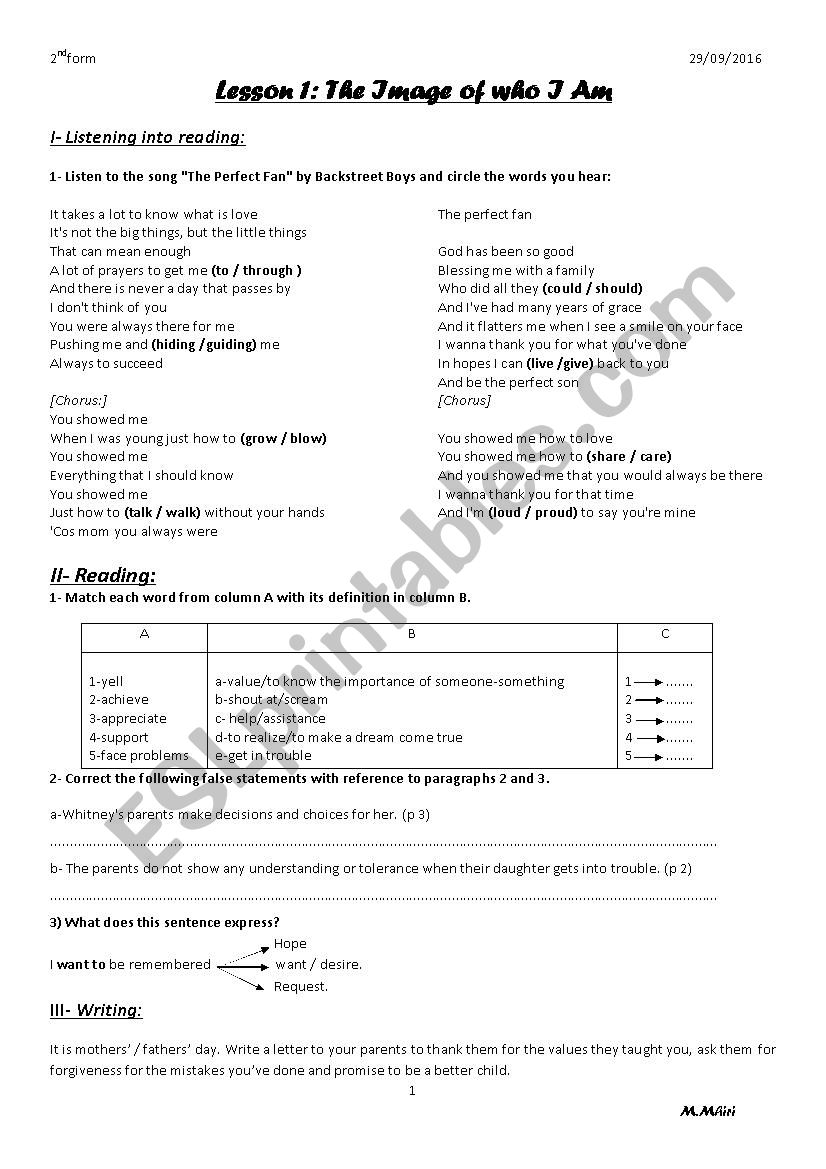 Lesson 1- Second Form worksheet