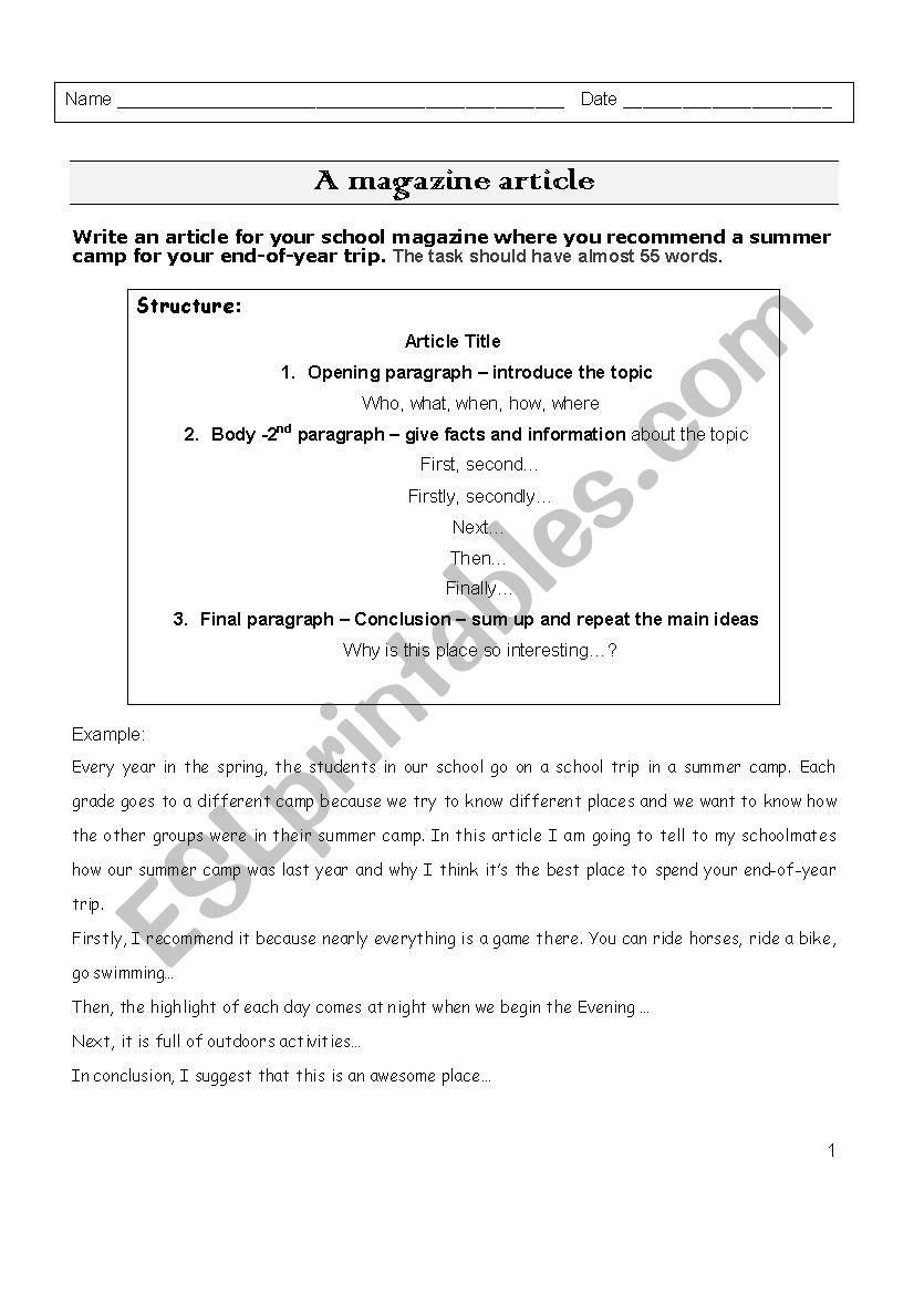 Writing an article  worksheet