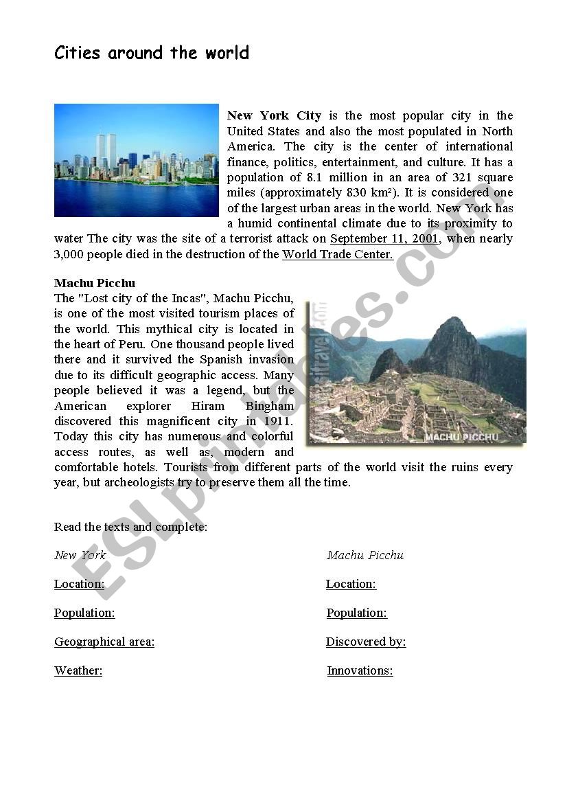 Cities around the world worksheet