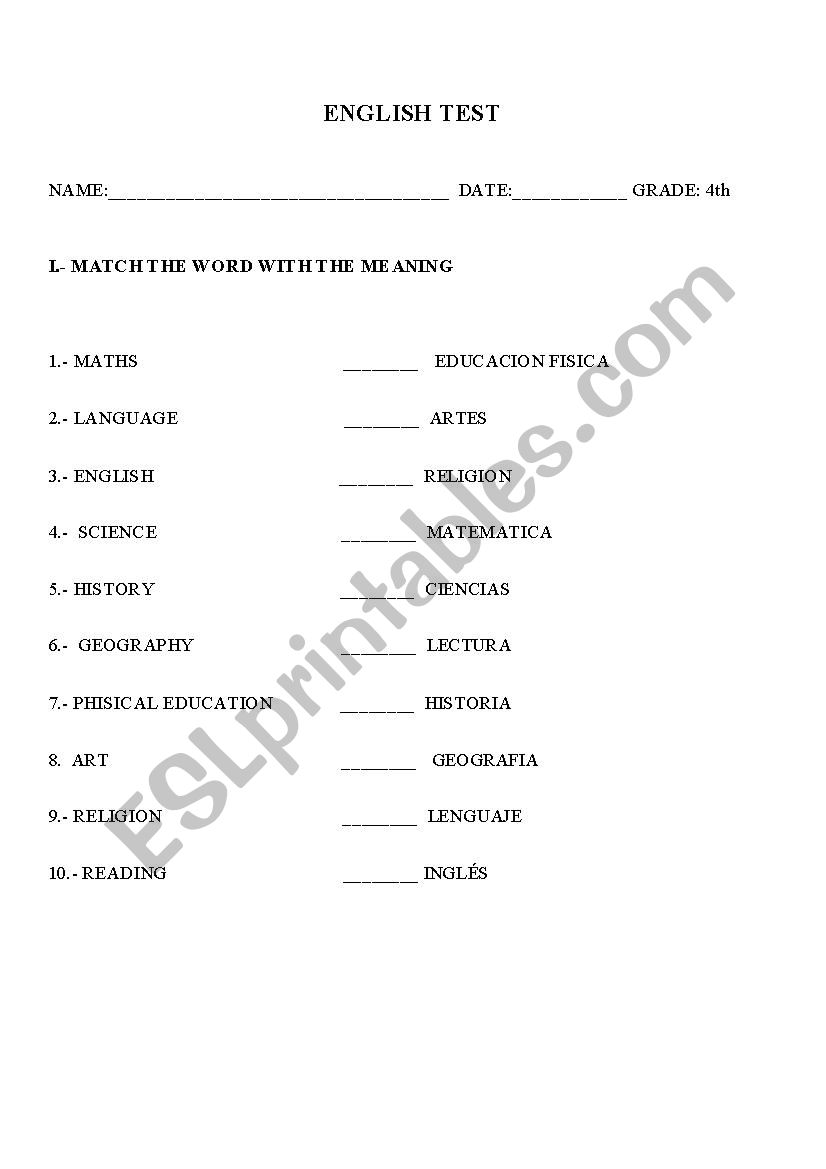 School subjects worksheet