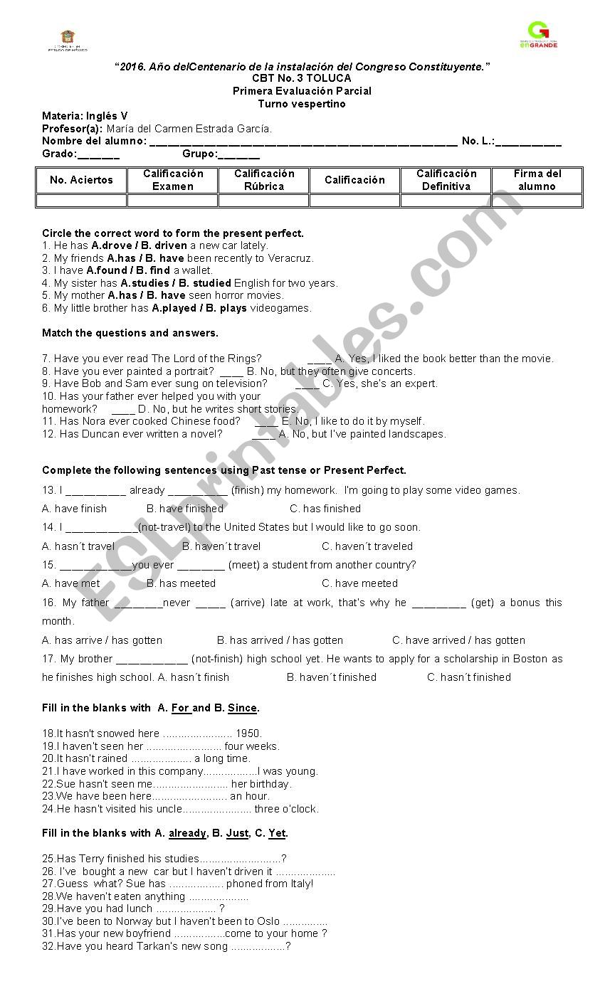 Present perfect exam worksheet