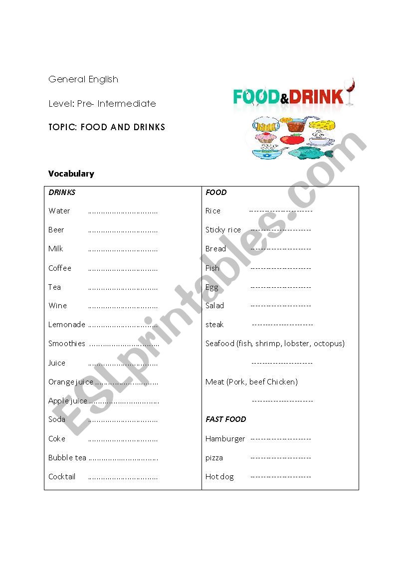 FOOD, DRINK AND TASTE worksheet