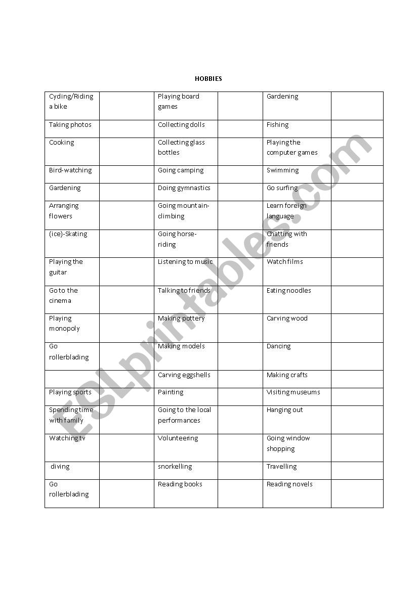 HOBBIES worksheet