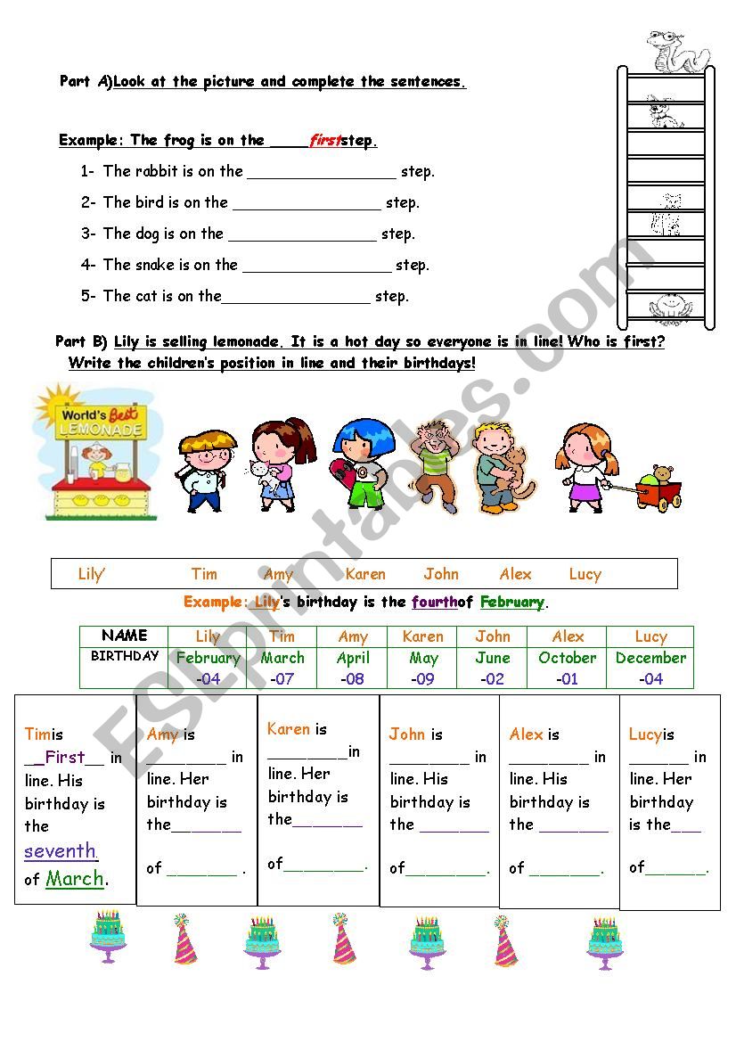 Ordinal Numbers and Birthdays worksheet